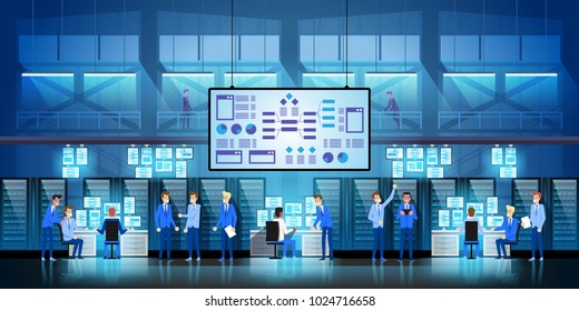 IT engineers in big data center work on new technology government project with server rooms and computers