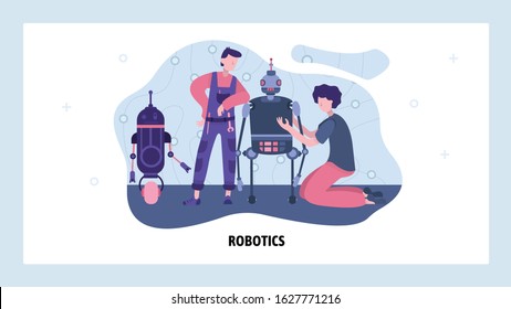 Engineers build and repair robot. Future android robotics technology. Construct a robot in garage. Vector web site design template. Landing page website concept illustration