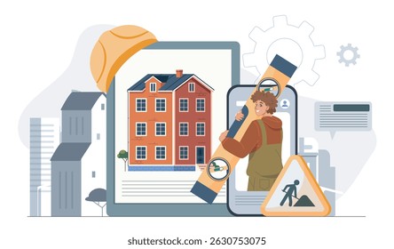 Engineers builders planning. Man with level near yellow protective helmet. Construction and architecture, engineering. Industrial occupation. Flat vector illustration