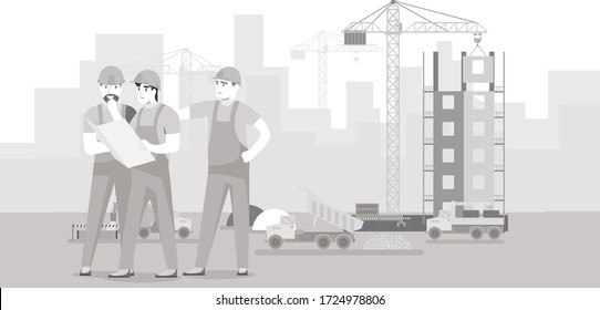 Engineers and builders are planning work on a construction site. Builders are looking at the drawing. Builders are looking at the construction plan of the building. Vector, cartoon illustration.
