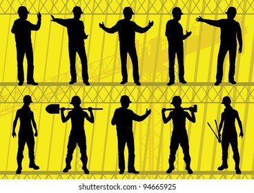 Engineers and builders silhouettes collection in construction site background illustration vector