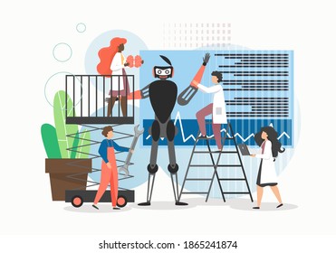 Engineers cartoon characters creating robot in tech robotics laboratory, flat vector illustration. Artificial intelligence technology, robot invention. Robotics science.