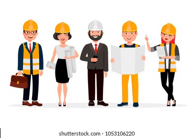 Engineers cartoon characters isolated on white background. Group of Technicians, builders, mechanics and work people vector flat illustration.