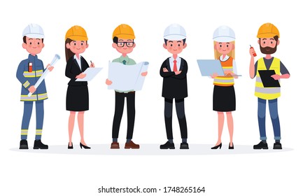 Engineers cartoon set with civil engineering construction workers architect and surveyor isolated vector illustration