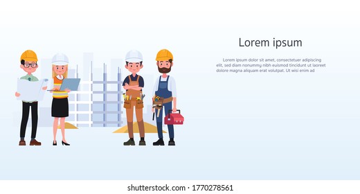 Engineers cartoon set with civil engineering construction workers architect and surveyor isolated vector illustration