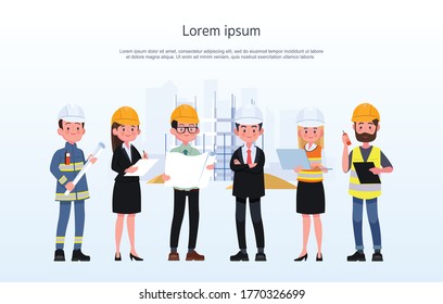 Engineers cartoon set with civil engineering construction workers architect and surveyor isolated vector illustration