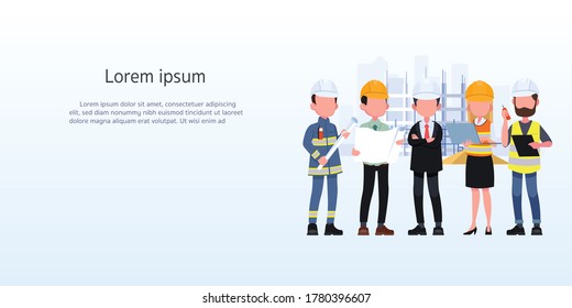 Engineers cartoon set with civil engineering construction workers architect and surveyor isolated vector illustration