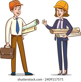 Engineers cartoon set with civil engineering construction workers architect and surveyor isolated vector illustration