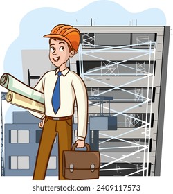 Engineers cartoon set with civil engineering construction workers architect and surveyor isolated vector illustration