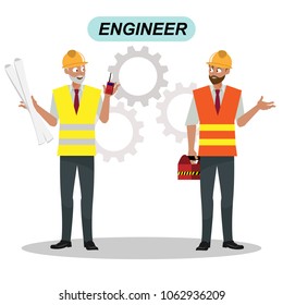 Engineers cartoon set workers architect and surveyor Group of industrial people characters standing together isolated vector illustration cartoon character.