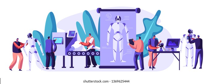 Engineers Characters Making and Programming Robots. Robotics Hardware and Software Engineering in Laboratory with Hi-Tech Equipment. Artificial Intelligence Technology Cartoon Flat Vector Illustration