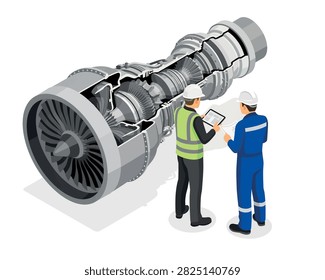Engineers checking a jet turbine engine in isometric view Vector, illustration