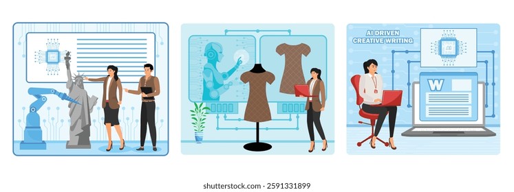 Engineers collaborating on artificial intelligence and robotic applications.  A professional working with artificial intelligence to design a modern dress. A visually engaging depiction of AI powered.