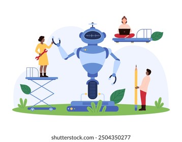 Engineers collaborating on the construction of an advanced robot. One engineer uses a lift, another holds a giant pencil, and a third works on a laptop vector illustration.