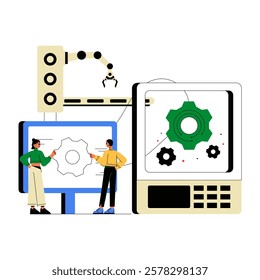 Engineers Collaborating On Industrial Automation System With Robotic Arm And Gear Mechanism In Flat Vector Illustration Symbolizing Manufacturing And Technology, Isolated On White Background