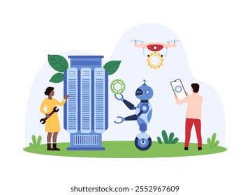 Ingenieros que colaboran con robots y drones para potenciar la automatización y la tecnología en un entorno futurista, centrándose en soluciones innovadoras y en la eficacia, la Ilustración vectorial.