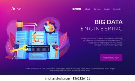 Engineers Consolidating And Structuring Data In The Center. Big Data Engineering, Massive Data Operation, Big Data Architecture Concept. Website Vibrant Violet Landing Web Page Template.