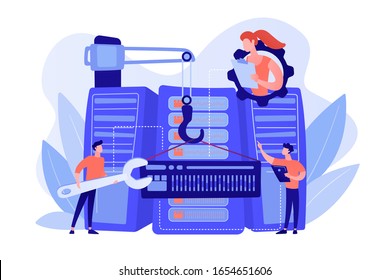 Engineers consolidating and structuring data in the center. Big data engineering, massive data operation, big data architecture concept. Pinkish coral bluevector isolated illustration