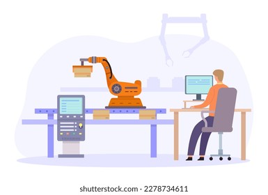 Engineers control automated robot arms. Flat smart factory inspection. Vector of industry robot arm, control technology production illustration