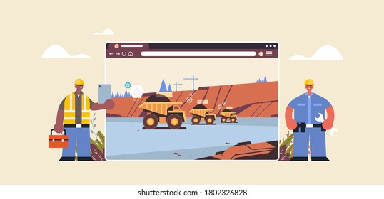 Ingenieure, die professionelle Ausrüstung für die Kohlebergbau-digitale Industrie im Web-Browser-Fenster volle Länge horizontale Vektorgrafik