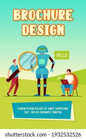 Ingenieros creando robots. Habla humanoide Hola, hombres con laptop y magnificador. Ilustración vectorial plana. Robótica, ingeniería, concepto de innovación para banner, diseño de sitios web o página web de aterrizaje