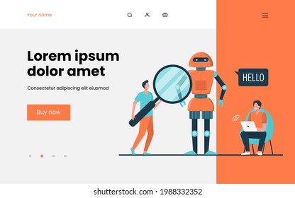 Engineers creating robot. Humanoid speaking Hello, men with laptop and magnifier. Flat vector illustration. Robotics, engineering, innovation concept for banner, website design or landing web page