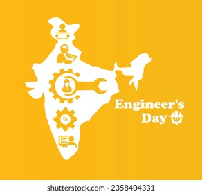 "Engineer's Day" Banner or vector design yellow background. vector Illustration of Engineer's day India. India map,15th September.