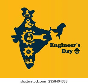 "Engineer's Day" Banner or vector design yellow background. vector Illustration of Engineer's day India. India map,15th September.