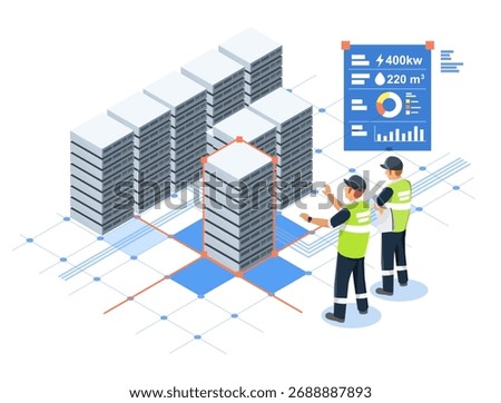 Engineers design and manage modern data center server racks with digital dashboard showing power usage and cooling performance in advanced network infrastructure