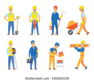 Engineers and designers for building construction vector, isolated set of character wearing uniform and using instruments, paint roller and tolley