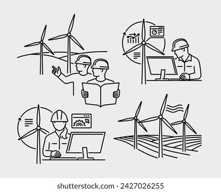 Engineers Designing Models of Wind Turbines Vector Line Icons