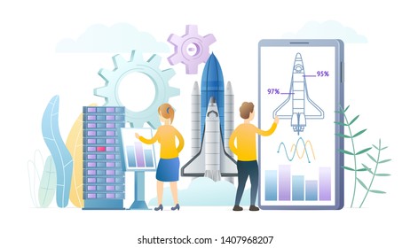 Engineers designing rocket vector illustration. Scientists planning spaceship, shuttle launching in space. Creating draft, blueprint of spacecraft. Calculating cosmic flight takeoff and landing.