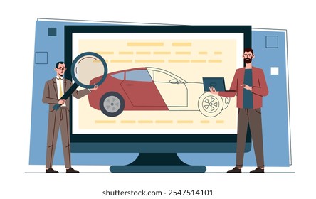 Engineers developing car. Men in suits designing transport. Automotive industry and manufacturing. Transportation and vehicle. Flat vector illustration isolated on white background