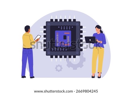 Engineers Developing Semiconductor Chip Illustration. Vector Flat Illustration
