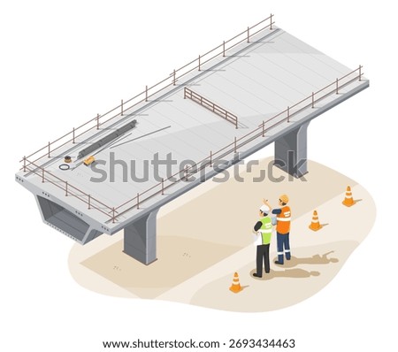Engineers discussing expressway construction progress on a new hi way bridge deck during a big project inspection under clear daylight isometric