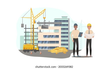 Ingenieure diskutieren neue kreative Baupläne. Architektur mit LKW, Baukran und Sand im Hintergrund. Vektorgrafik-Illustration