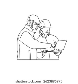 Engineers Discussing Project with Laptop - Line Art Illustration