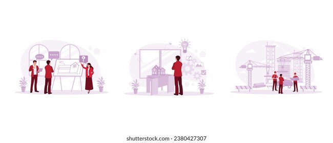 Engineers are discussing projects in the office. Miniature house to be made. Working on outdoor structure building techniques. Architect concept. Set Trend Modern vector flat illustration