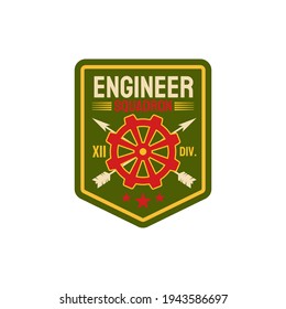 Engineers division squad of special elite forces, navy marin engineer troops chevron with steering wings and crossed arrows. Vector engineering squadron repair battalion army patch on military uniform