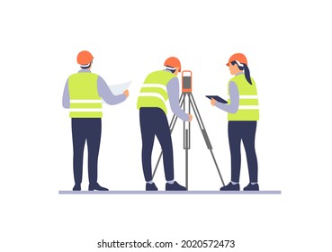 Engineers with equipment on the construction site. Vector illustration.