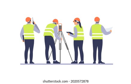 Engineers with equipment on the construction site. Vector illustration.