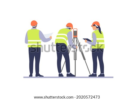 Engineers with equipment on the construction site. Vector illustration.