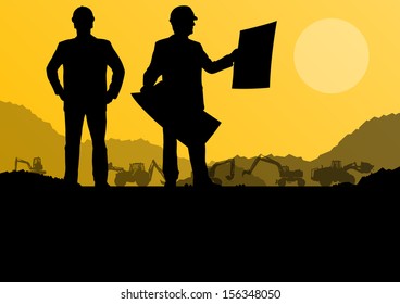 Engineers with excavator loaders and tractors digging at industrial construction site vector background illustration