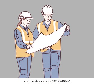 Ingenieros en instrucciones de lectura de fábricas.Reunión de ingenieros y empresarios, discusión en equipo con trabajo de construcción en el lugar. Dibujado a mano en estilo de línea delgada, ilustraciones vectoriales.