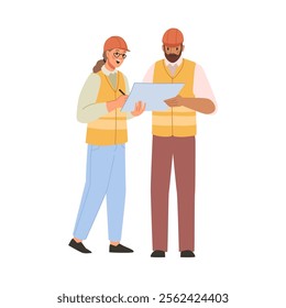 Engineers or geodetic surveyors, geodesists or construction workers in uniform looking at plan or scheme. Vector flat cartoon character with project results of description, planning activities