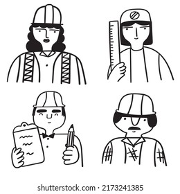 Engineers. Hand drawn vector outline icons. Illustrations on white background.