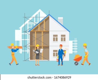 Engineers and handymen vector, people with tools and instruments working on construction of apartment, male with carriage filled with sand, planning lady