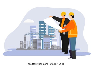 The engineers in hard discuss new project while looking their blue print. They're making calculated engineering decisions. They work at construction site Vector illustration