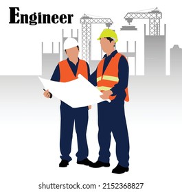 Ingenieros con sombreros duros discuten nuevos proyectos. Están tomando decisiones de ingeniería computacional. trabajan en una ilustración vectorial de un sitio de construcción