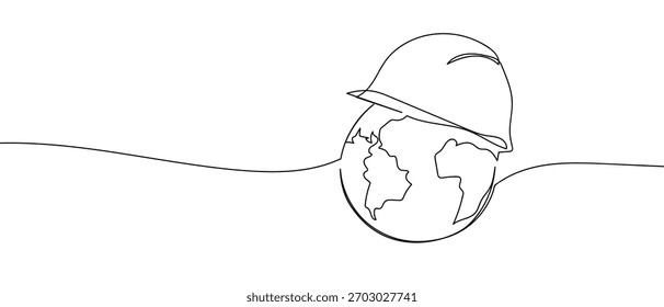 Engineer's helmet on a globe in one continuous line. Dynamic single line draw design vector illustration